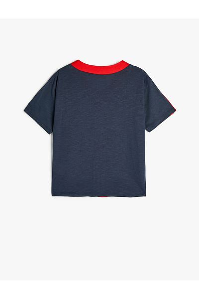 Koton V-Neck Printed Sports T-Shirt - Short Sleeve and Button Closure
