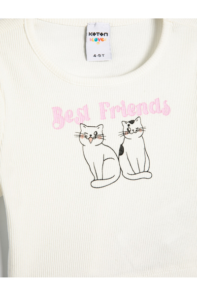 Koton Crop Tričko s krátkým rukávem Cat s potiskem Crew Neck