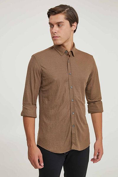 Twn Кафява обикновена риза Slim Fit