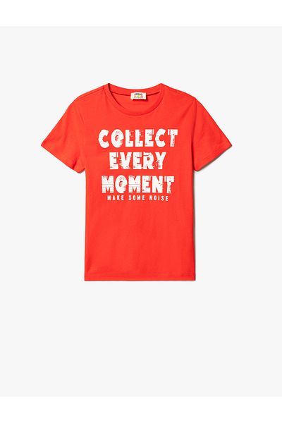Koton Cotton Short Sleeve T-Shirt - Crew Neck, Slogan Printed