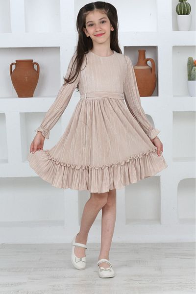 Asortik Kids Παιδικό ελαστικό πλεκτό σατέν μπεζ φόρεμα με πλισέ