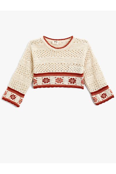 Koton Crop Sweater Openwork Flower Detailed
