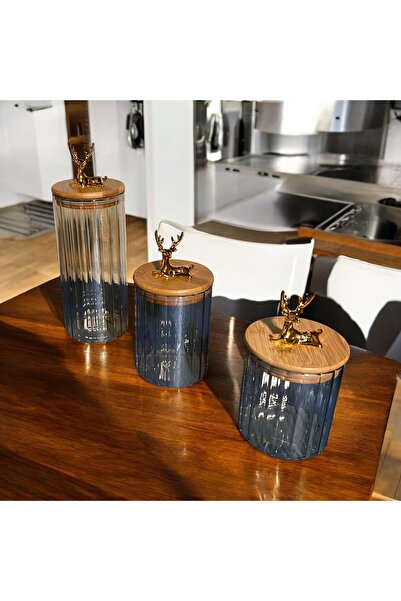 GUNES ZUCCACIYE Set of 3 Glass Jars with Bamboo Lid and Deer