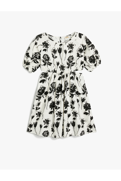 Koton Plátěné šaty s kulatým výstřihem s květinovým balónkem