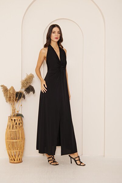 Darlin Moda Kadın Siyah Yırtmaçlı Önü Düğüm Detaylı Maxi Boy Elbise Dm1033