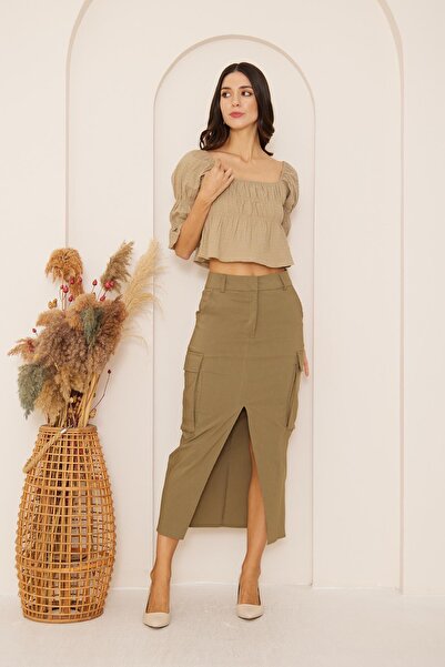 Darlin Moda Women's Khaki Pocket Detailed Midi Skirt Dm2031