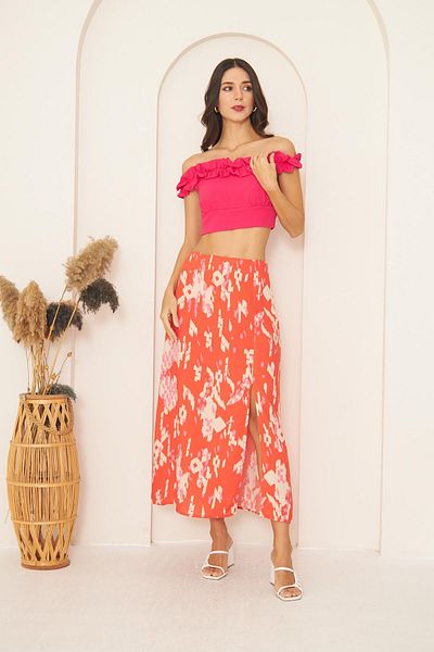 Darlin Moda Women's Red Patterned Slit Midi Skirt Dm2014