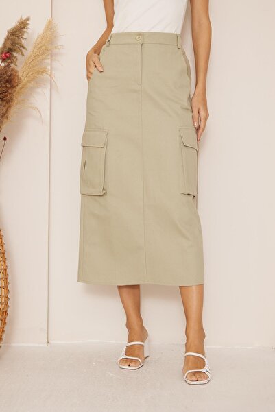 Darlin Moda Women's Khaki Gabardine Midi Skirt Dm2032