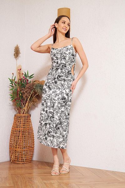 Darlin Moda Women's Ecru Tropical Patterned Strappy Dress Dm1005