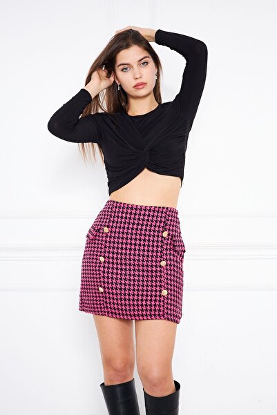 Darlin Moda Women's Pink Goose Feet Patterned Button Detailed Mini Skirt Dm2009