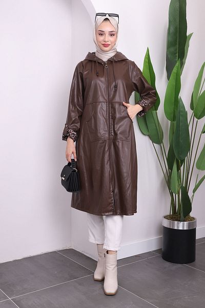 İmajButik معطف واق من المطر مصنوع من الجلد بأكمام مقنعين باللون البني