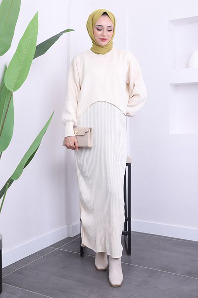 İmajButik Κρεμ Crop Πουλόβερ Πλεκτό Φόρεμα Διπλός Συνδυασμός