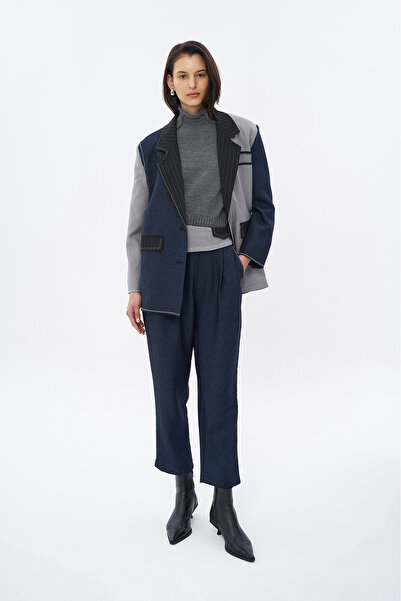 Quzu Waist Detailed Stitched Trousers Navy Blue