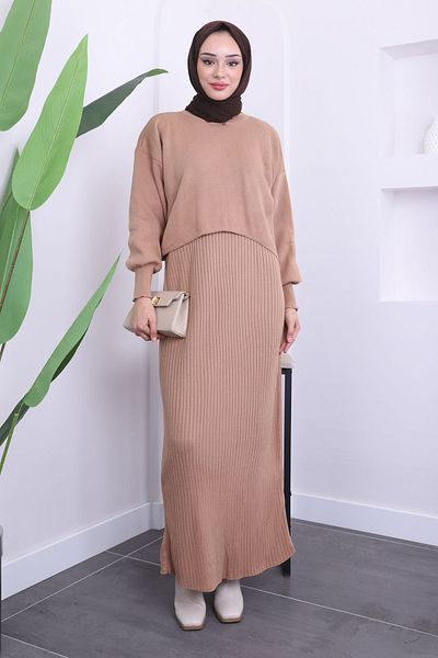 İmajButik Πλεκτό πουλόβερ Mink Crop Φόρεμα Διπλός Συνδυασμός