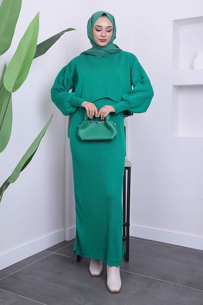 İmajButik Πράσινο Crop Πουλόβερ Πλεκτό Φόρεμα Δίδυμος Συνδυασμός