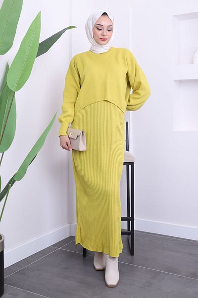 İmajButik Φόρεμα Πλεκτό Πουλόβερ Oil Green Crop Διπλός Συνδυασμός