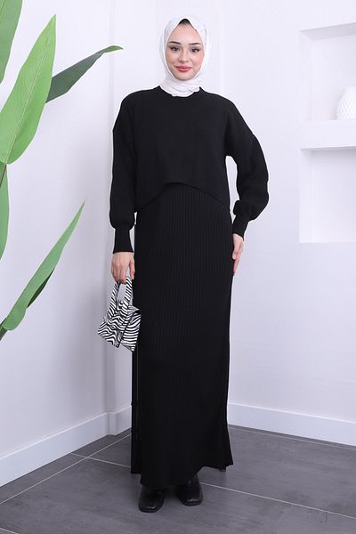 İmajButik Μαύρο Πλεκτό Πουλόβερ Φόρεμα Διπλός Συνδυασμός