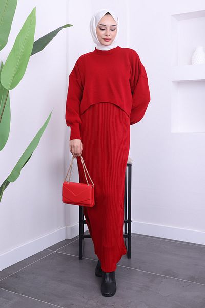 İmajButik Red Crop Sweater Knitwear Dress Double Combination