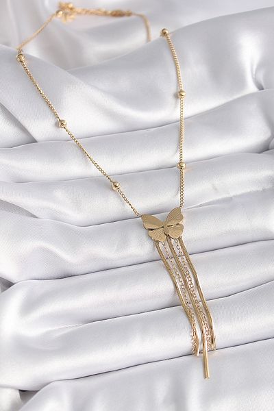 Skygo 316L Steel Gold Color Butterfly Figure Dangle Women's Necklace with Italian Chain - Tj-Bko9406