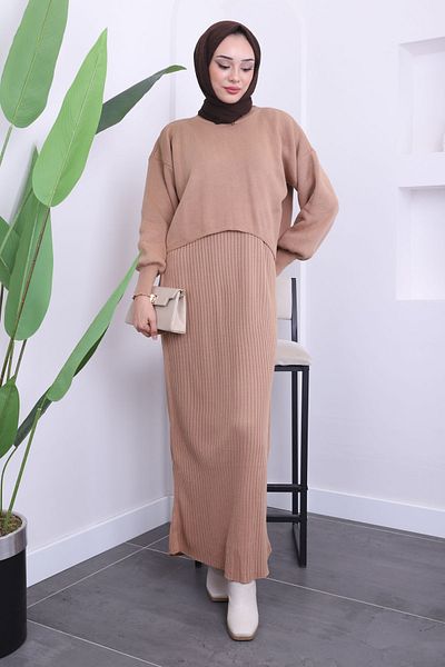 İmajButik Πλεκτό πουλόβερ Mink Crop Φόρεμα Διπλός Συνδυασμός