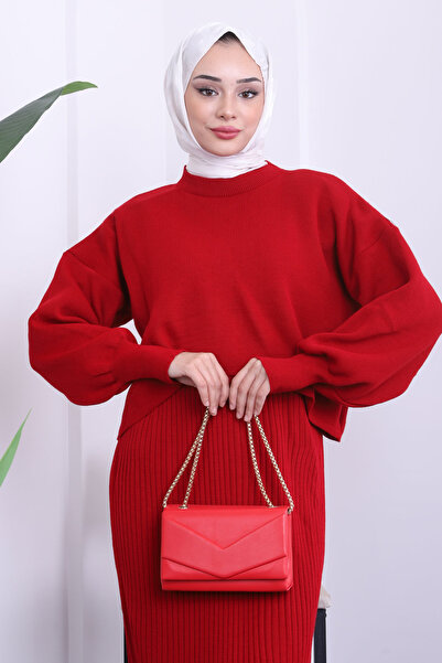 İmajButik Κόκκινο Crop Πουλόβερ Πλεκτό Φόρεμα Διπλός Συνδυασμός