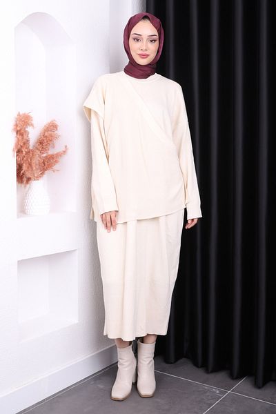 İmajButik Κρεμ Πλεκτό Φόρεμα με έναν ώμο