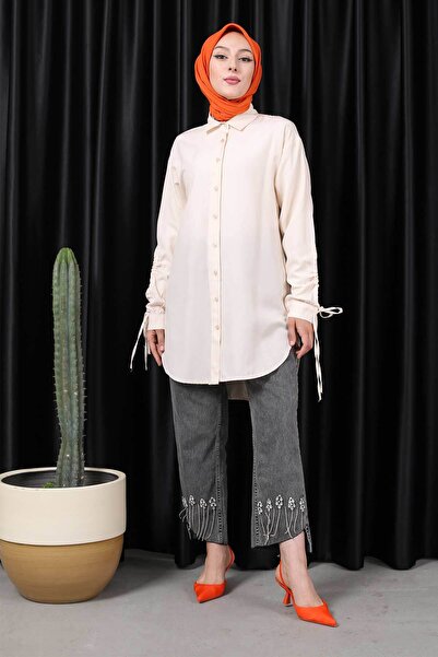 İmajButik Beige Sleeve Gathered Tunic