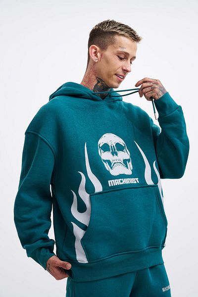 Machinist Hanorac oversize, verde petrol, cu imprimeu foc pentru bărbați