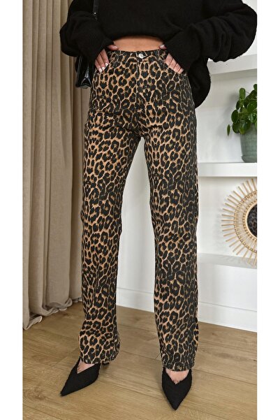 pass&pass 2021-1-Leo المرأة ليكرا بالازو ليوبارد فضفاض الجينز الجينز السراويل