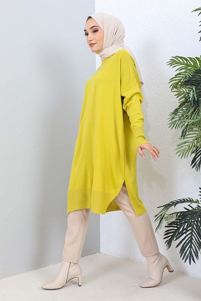 İmajButik Oil Green Crew Neck Mercerized Loose Knitwear Tunic