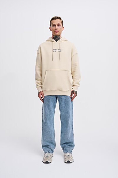 Machinist Erkek Born Again Baskılı Kapüşonlu Oversize Açık Bej Sweatshirt