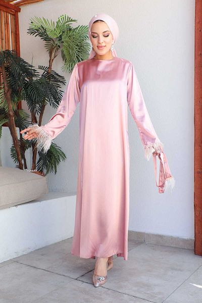İmajButik Powder Sleeve Feathered Satin Dress