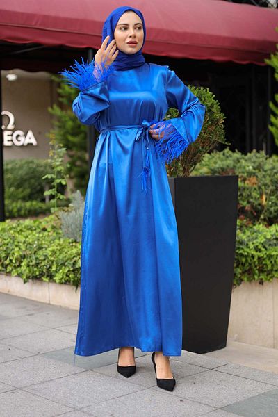 İmajButik Saks Blue Sleeve Feathered Satin Dress