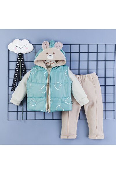 Hippıl Baby Teddy Bear Patterned 3-Piece Bottom and Top Set with Vest