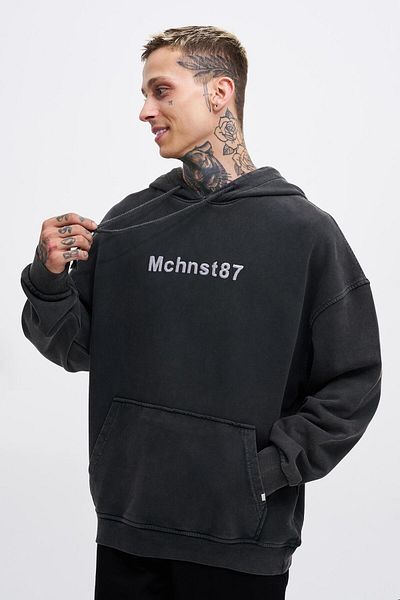 Machinist Men's Washed Embroidered Hooded Oversize Black Sweatshirt
