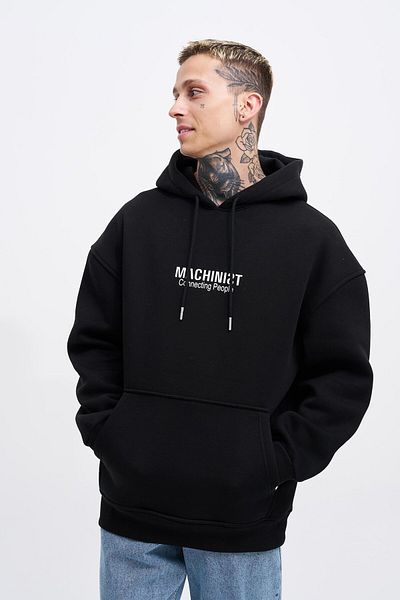 Machinist Men's Connecting People Printed Hooded Black Sweatshirt