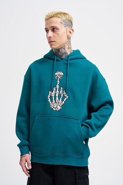 Machinist Hanorac oversize, verde petrol, cu glugă, imprimat cu degetul mijlociu