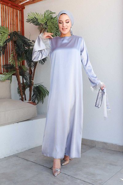 İmajButik Gray Sleeve Feathered Satin Dress