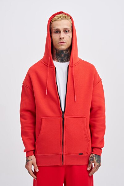 Machinist Erkek Basic Fermuarlı Cepli Kapüşonlu Oversize Açık Kırmızı Sweatshirt