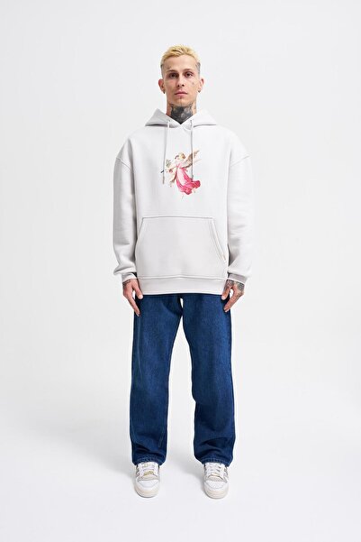 Machinist Men's Hero Angel Printed Oversize Light Gray Sweatshirt