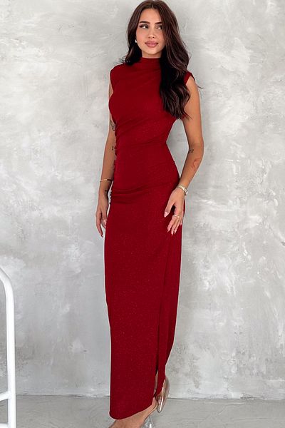 fiolin Red Draped and Glitter Detail Evening Dress