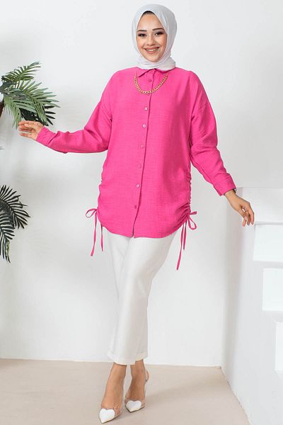 İmajButik Linen Shirt with Fuchsia Side Detail