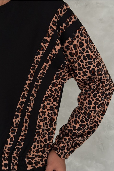 FEMELLE Women's Black Leopard Print Elastic Waist Bottom-Top Double Tracksuit Set