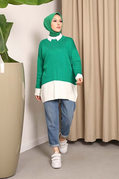 İmajButik Green Crew Neck Double Color Knitwear Tunic