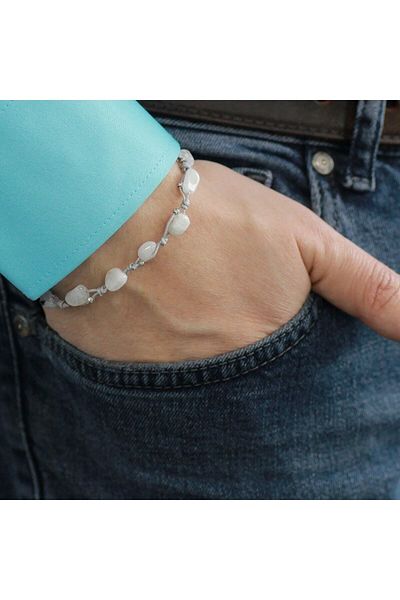 Tesbihane Macrame Braided Natural Cut Dorica Ball Detailed Moon Stone Natural Stone Men's Bracelet