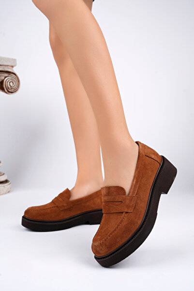 Akgün Terlik Kadın Hakiki Deri Taba Süet Kalın Taban Loafer Ayakkabı