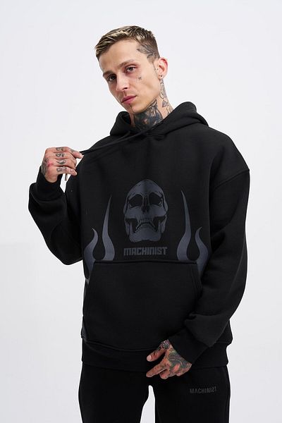 Machinist Men's Fire Printed Oversize Black Sweatshirt