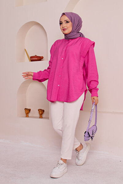 İmajButik Φούξια πουκάμισο με επένδυση και σκίσιμο