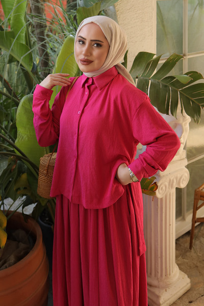 İmajButik Φούξια Μπροστινό Κοντό Πίσω Σετ Μακρύ Πουκάμισο Ζαρωμένο