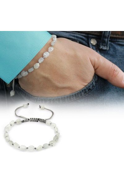 Tesbihane Macrame Braided Natural Cut Moon Stone Natural Stone Men's Bracelet